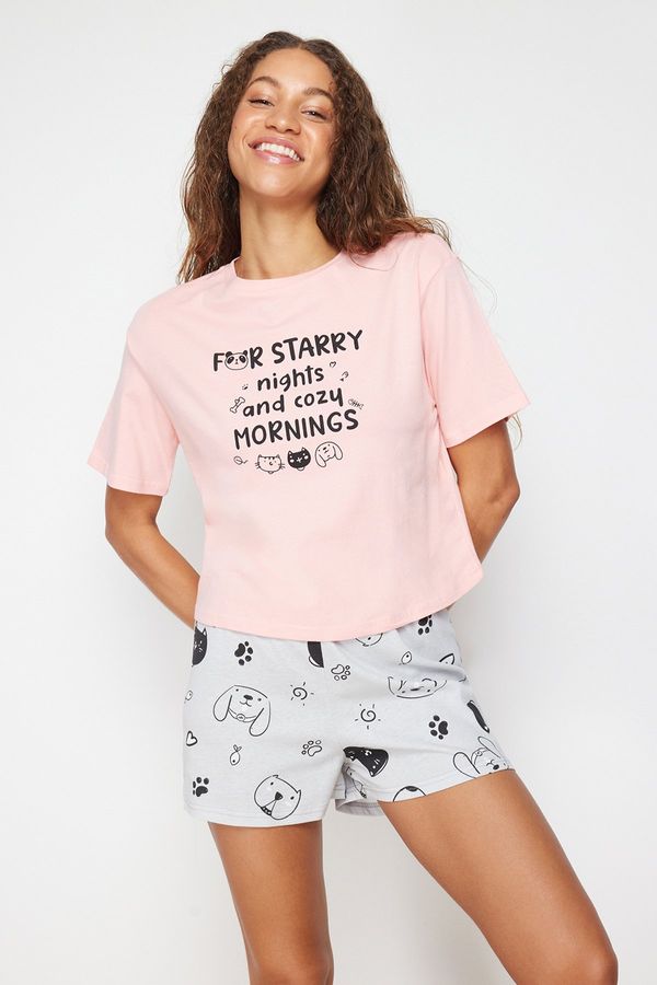 Trendyol Trendyol Pink-Grey 100% Cotton Motto Printed Knitted Pajamas Set