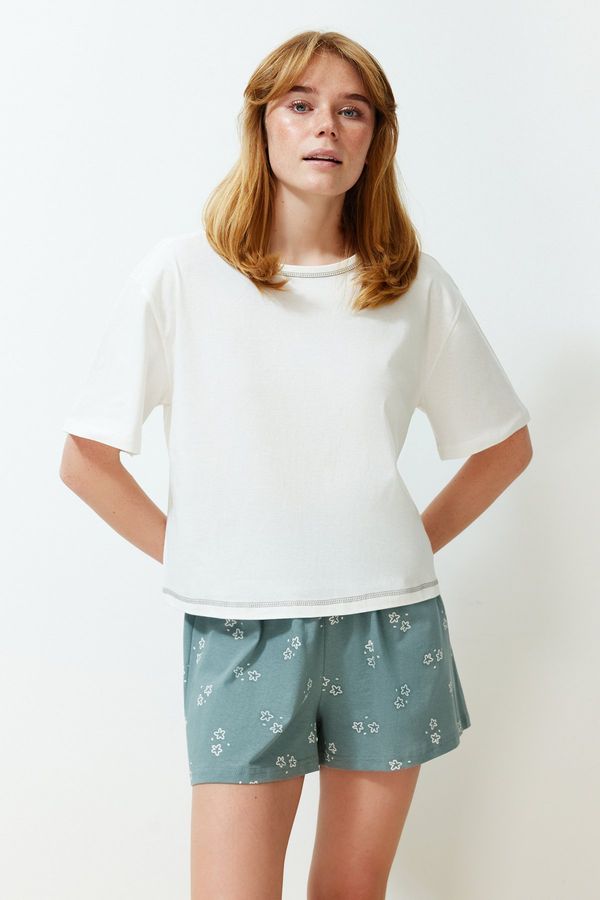 Trendyol Trendyol White 100% Cotton Geometric Patterned Knitted Pajamas Set