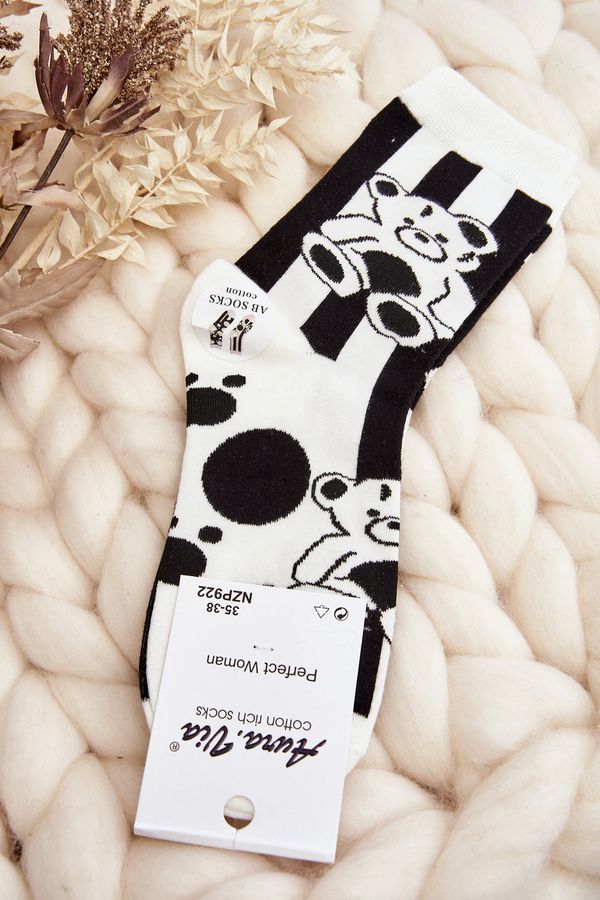 Kesi Women's mismatched socks with teddy bear, black and white