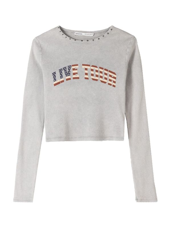 Bershka Bershka Majica 'LIVE TOUR'  kremna / temno modra / rjasto rjava / siva