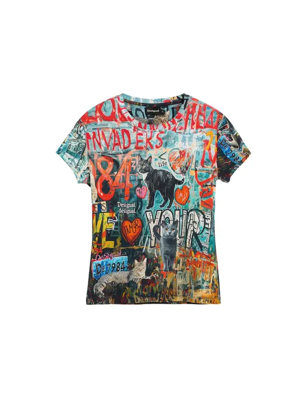 Desigual Desigual Majica 'Cats'  cijansko modra / oranžno rdeča / temno rdeča / črna