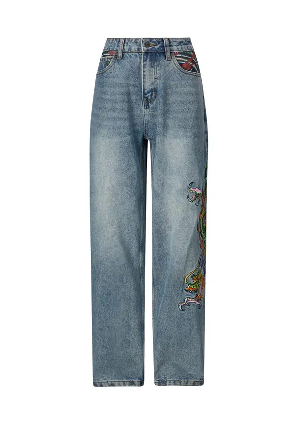 Ed Hardy Ed Hardy Kavbojke 'Crawling Dragon'  moder denim / zelena