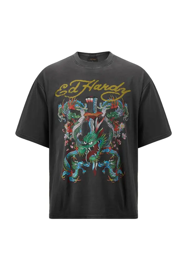 Ed Hardy Ed Hardy Majica 'Battle Of The Dragons'  apno / grafit / jelka / bela