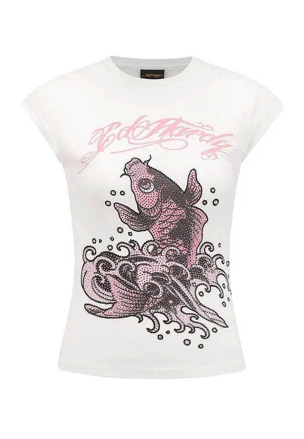 Ed Hardy Ed Hardy Majica 'Koi Fisch Steinen'  roza / črna / bela