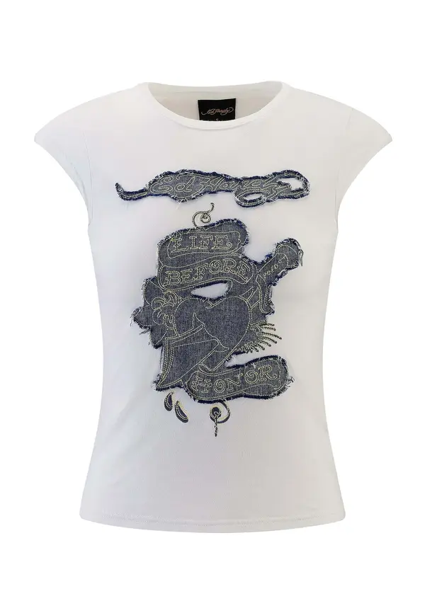 Ed Hardy Ed Hardy Majica 'Life Before Honor'  moder denim / bela