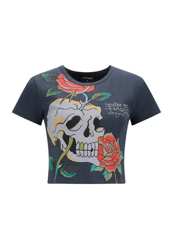 Ed Hardy Ed Hardy Majica 'Totenkopf Kletterrose'  turkizna / svetlo modra / temno siva / oranžna