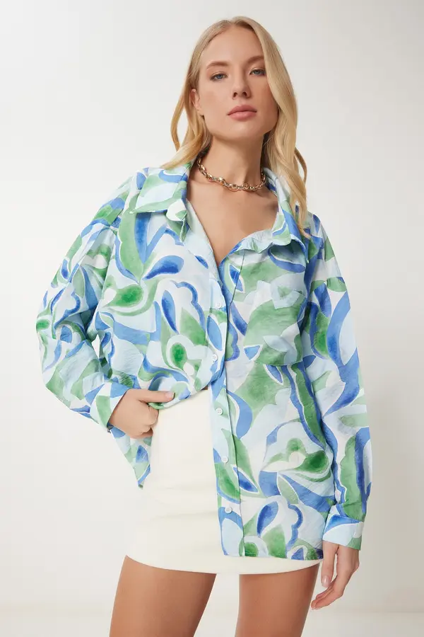 Happiness İstanbul Happiness İstanbul Bluza  modra / svetlo modra / zelena