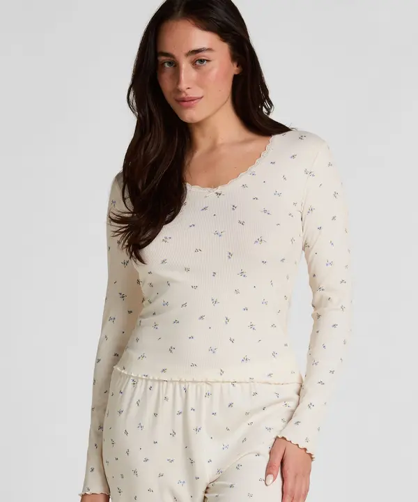 Hunkemöller Hunkemöller Majica za spanje 'Daisy'  modra / pastelno modra / oliva / volneno bela