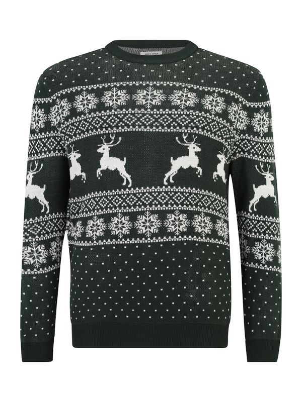 Jack & Jones Plus Jack & Jones Plus Pulover 'JJXMAS GABRIEL'  temno zelena / bela