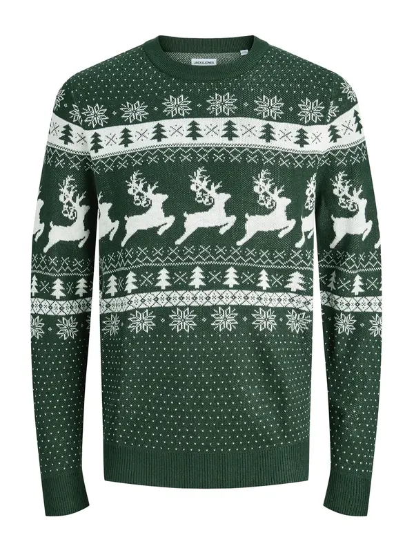 JACK & JONES JACK & JONES Pulover 'JJXMAS FROSTY'  temno zelena / bela