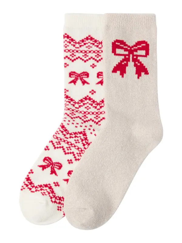 Lindex Lindex Nogavice 'Fair Isle'  kremna / rdeča / off-bela