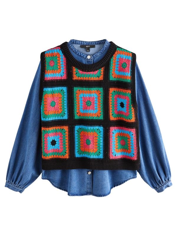 Next Next Pleten brezrokavnik  moder denim / žad / oranžna / črna