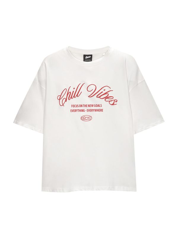 Pull&Bear Pull&Bear Majica 'STWD VOLUMEN  CHILL VIBES'  rdeča / bela