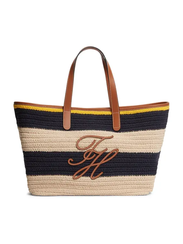 TOMMY HILFIGER TOMMY HILFIGER Nakupovalna torba 'Woven Stripe Logo Appliqué Tote'  bež / mornarska / karamel / rumena