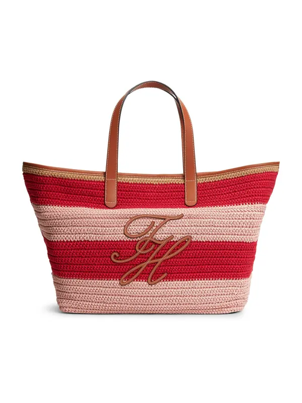 TOMMY HILFIGER TOMMY HILFIGER Nakupovalna torba 'Woven Stripe Logo Appliqué Tote'  svetlo rjava / roza / rdeča