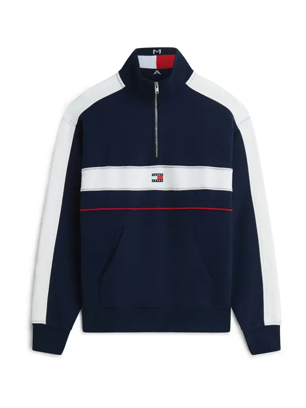 Tommy Jeans Tommy Jeans Majica 'Colour-blocked Quarter-zip Relaxed'  temno modra / rdeča / bela