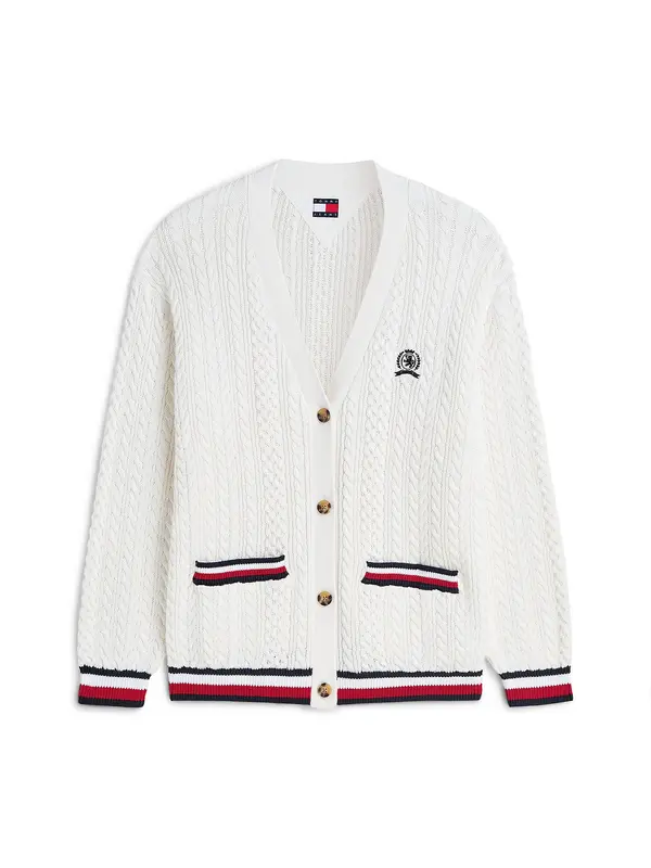 Tommy Jeans Tommy Jeans Pletena jopa 'Global Stripe Oversized Cable'  rdeča / črna / bela