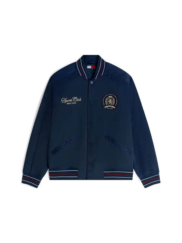 Tommy Jeans Tommy Jeans Prehodna jakna 'Crest Patch Relaxed Bomber'  mornarska / mokka / češnjevo rdeča / bela