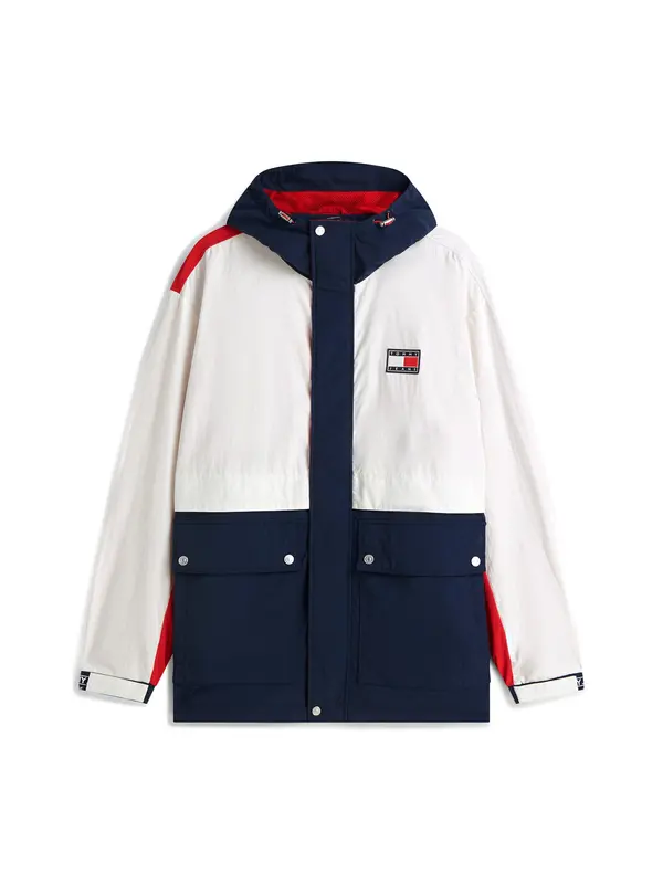 Tommy Jeans Tommy Jeans Prehodna jakna 'Logo Regatta Relaxed Ripstop'  mornarska / živo rdeča / bela