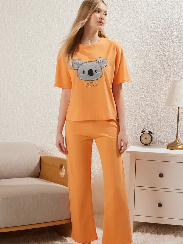 Trendyol Trendyol Pižama  kamen / temno oranžna