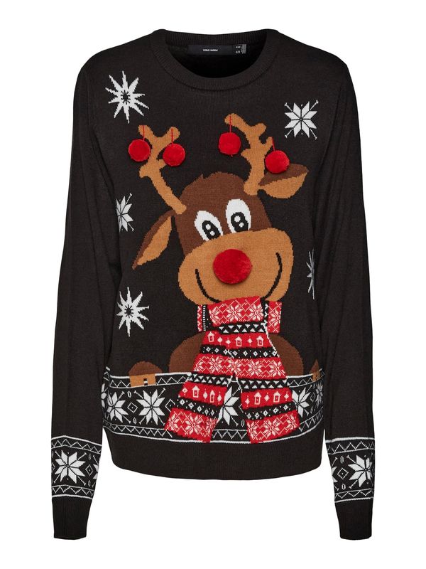 VERO MODA VERO MODA Pulover 'NEW FROSTYDEER'  rjava / rdeča / črna / bela