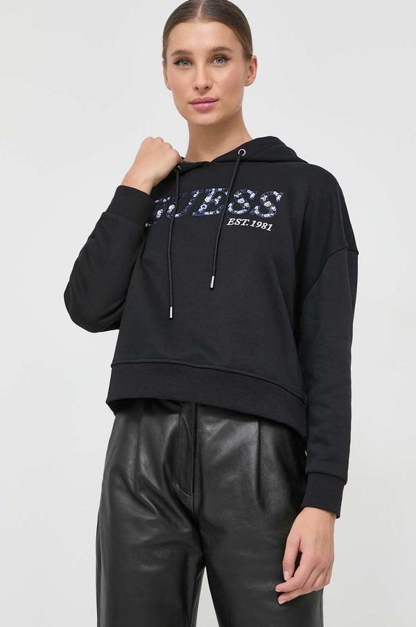 Guess Bluza Guess ženska, črna barva, s kapuco