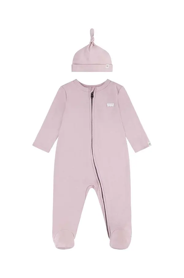 Levi's Bombažen pajac za dojenčka Levi's LVN FOOTED COVERALL & HAT SET