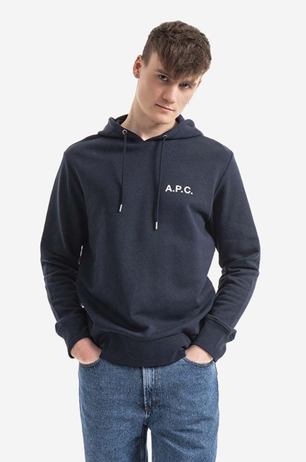 A.P.C. Bombažen pulover A.P.C. Leonard moški, mornarsko modra barva, s kapuco