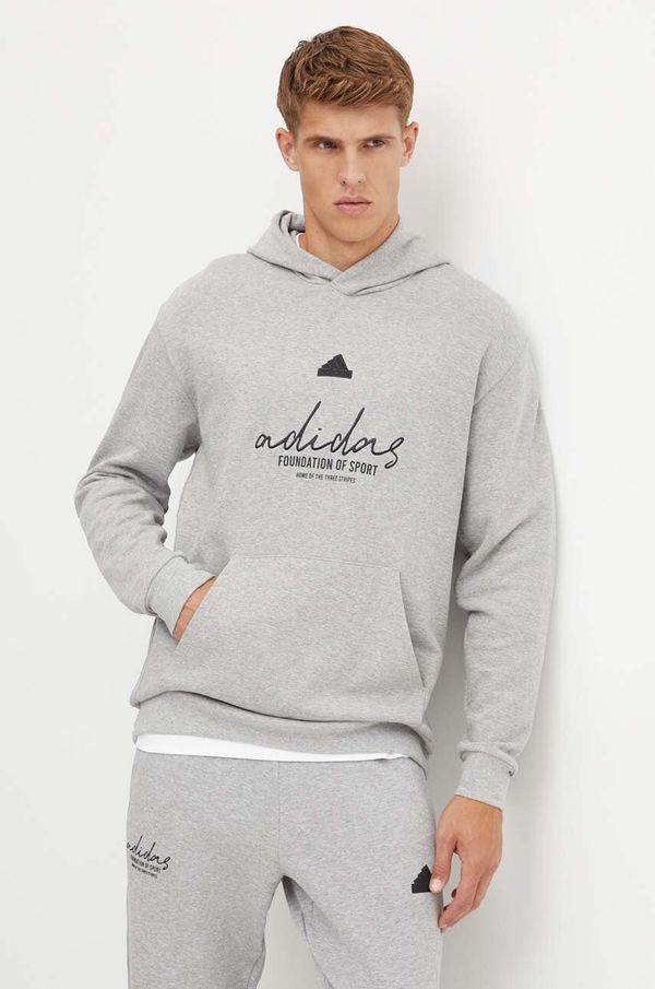 adidas Bombažen pulover adidas Brand Love moški, siva barva, s kapuco, IX1316