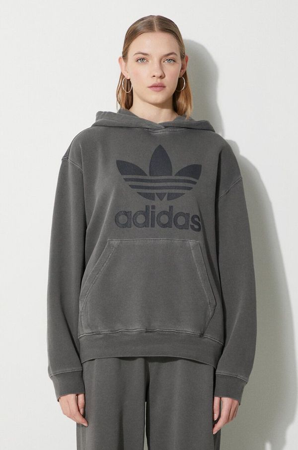 adidas Originals Bombažen pulover adidas Originals Washed Trefoil Hoody ženski, siva barva, s kapuco, IN2269