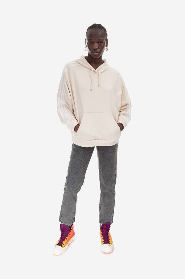 adidas Originals Bombažen pulover adidas Originals ženska, bež barva, s kapuco