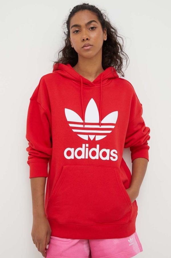 adidas Originals Bombažen pulover adidas Originals ženska, rdeča barva, s kapuco