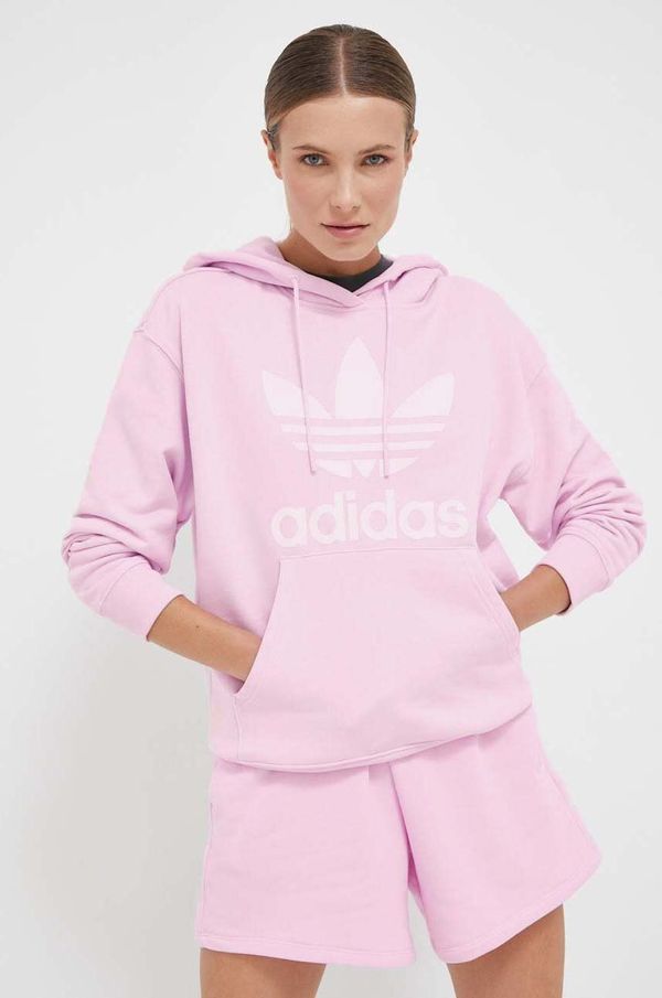 adidas Originals Bombažen pulover adidas Originals ženska, roza barva, s kapuco