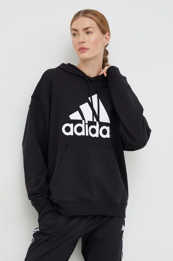 adidas Bombažen pulover adidas ženska, črna barva, s kapuco