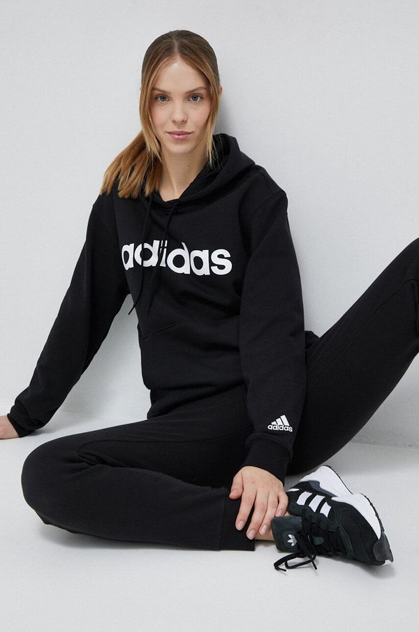 adidas Bombažen pulover adidas ženska, črna barva, s kapuco