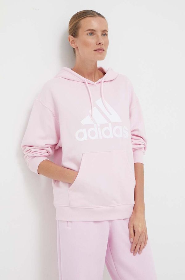 adidas Bombažen pulover adidas ženska, roza barva, s kapuco