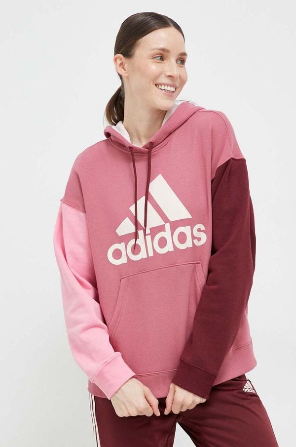 adidas Bombažen pulover adidas ženska, roza barva, s kapuco