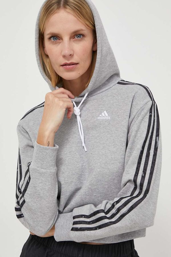 adidas Bombažen pulover adidas ženska, siva barva, s kapuco