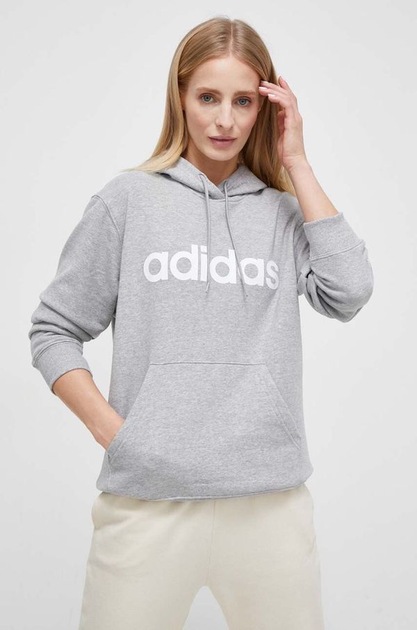 adidas Bombažen pulover adidas ženska, siva barva, s kapuco