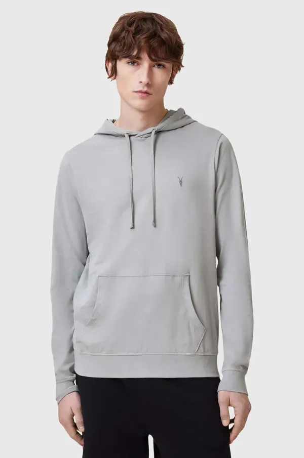 AllSaints Bombažen pulover AllSaints BRACE moški, siva barva, s kapuco, M034JB