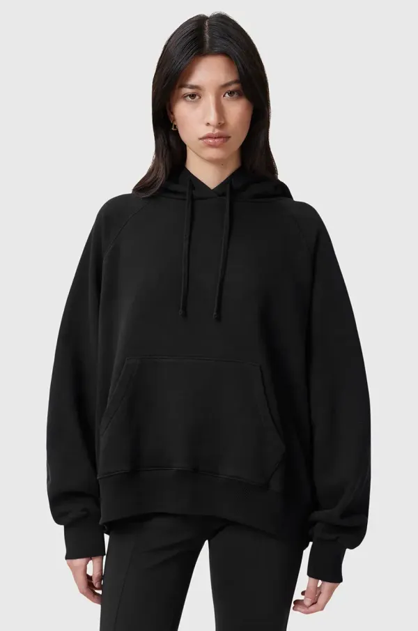 AllSaints Bombažen pulover AllSaints FUSE ženski, črna barva, s kapuco, W058JC