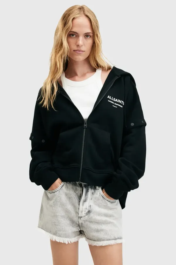 AllSaints Bombažen pulover AllSaints OMNIUM ženski, črna barva, s kapuco, W138JB