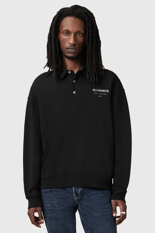 AllSaints Bombažen pulover AllSaints UNDERGROUND moški, črna barva, s kapuco, M046NB