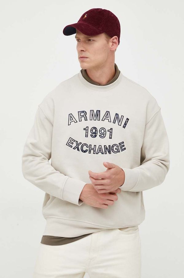 Armani Exchange Bombažen pulover Armani Exchange moška, bež barva