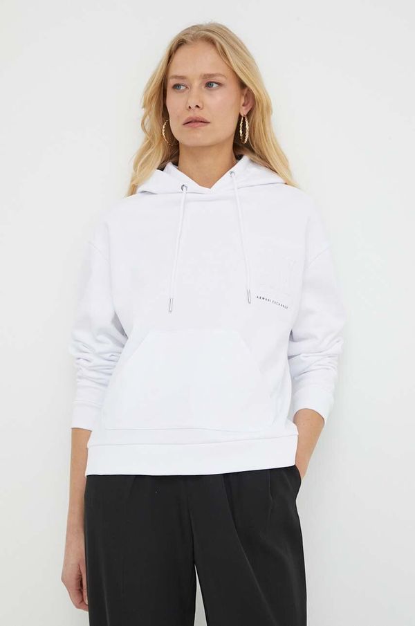 Armani Exchange Bombažen pulover Armani Exchange ženska, bela barva, s kapuco