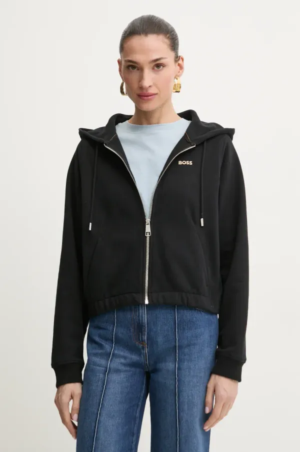 BOSS Orange Bombažen pulover BOSS Orange ženski, črna barva, s kapuco, 50531834