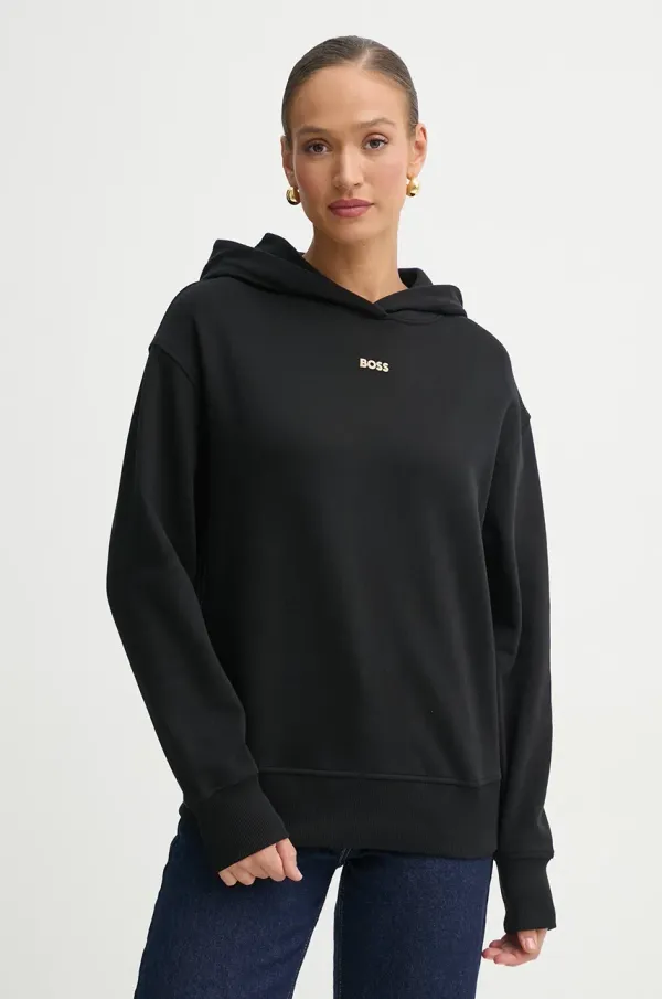 BOSS Orange Bombažen pulover BOSS Orange ženski, črna barva, s kapuco, 50534815