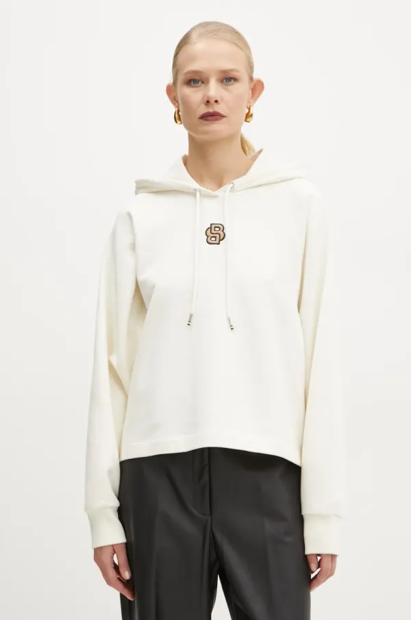 BOSS Bombažen pulover BOSS ženski, bež barva, s kapuco, 50537934