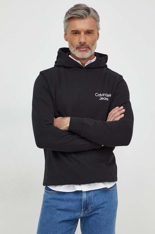 Calvin Klein Jeans Bombažen pulover Calvin Klein Jeans moška, črna barva, s kapuco