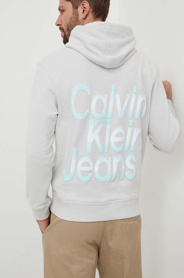 Calvin Klein Jeans Bombažen pulover Calvin Klein Jeans moška, siva barva, s kapuco